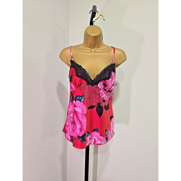 Vtg Y2K Babydoll Fairy Goth Cami Top Satin Womens Sm Pink Red Bright Lace Floral - Picture 1 of 5